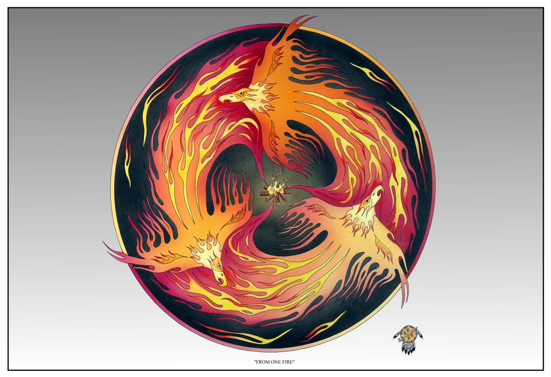 Three Phoenix’s rise up “FROM ONE FIRE”, representing the Cherokee Nation, Eastern Band of Cherokee Indians and United Keetoowah Band.  Flying in a counter clockwise direction in harmony with the rotation of Mother Earth they complete the circle around the sacred fire.